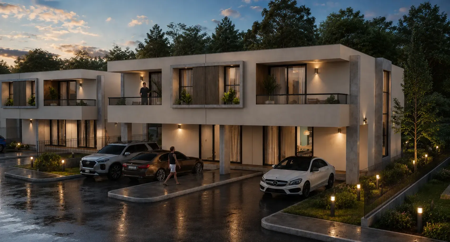 Casas modernas de LC Constructores al atardecer en La Mesa, Cundinamarca